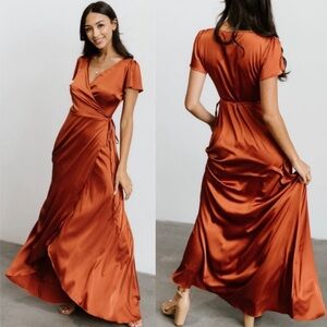 Baltic Born Krystal Satin Wrap Gown Copper Maxi Dress Short Flutter Sleeves L